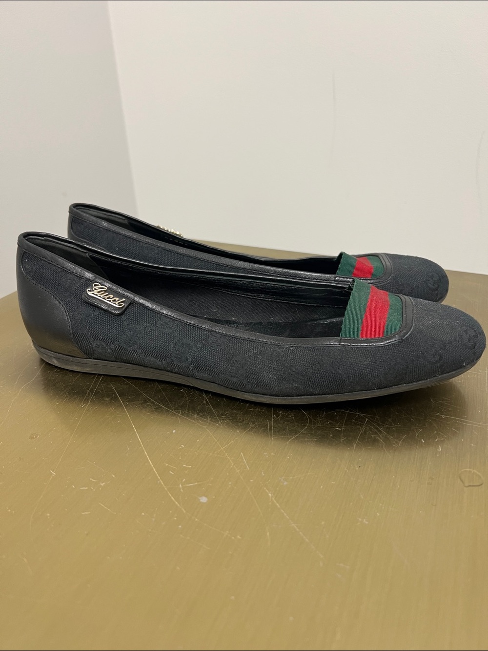 Gucci Black Canvas Flats with Green and Red Web Accent
